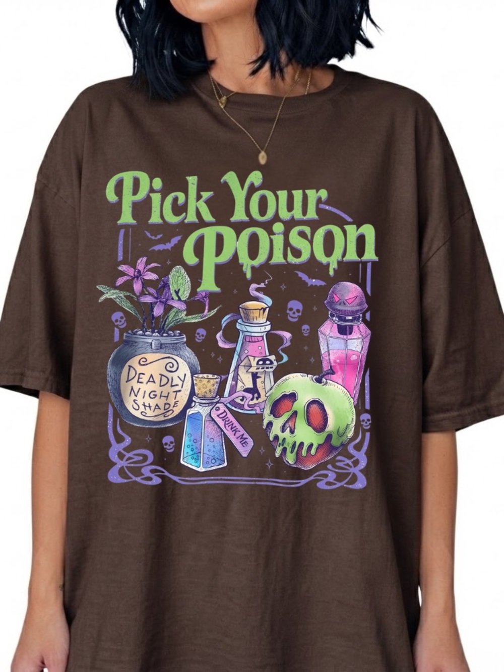 Pick Your Poison Deadly Nightshade Potion Bottles Skull Halloween Vintage Brown